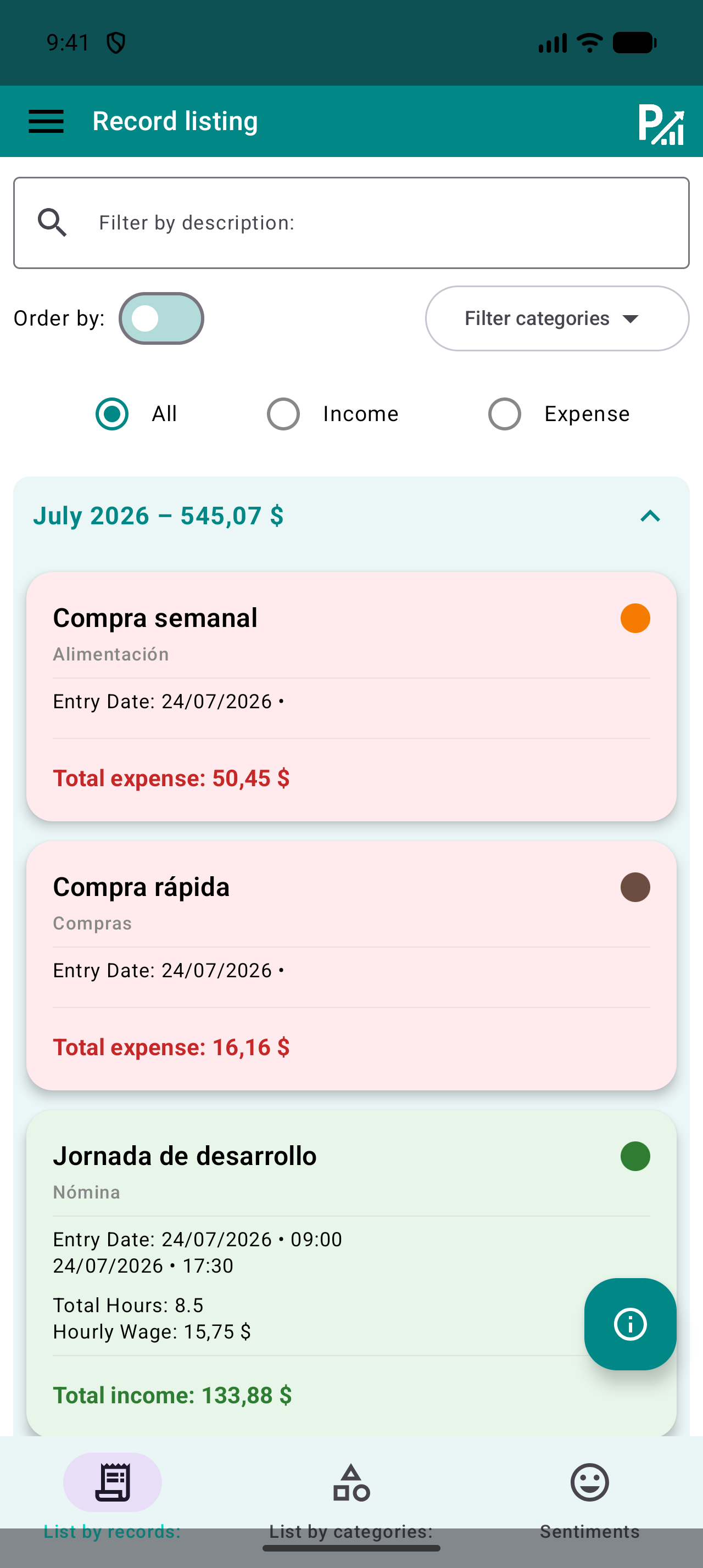 Listado de registros de Prism con búsqueda por descripción y filtros de categoría y tipo.