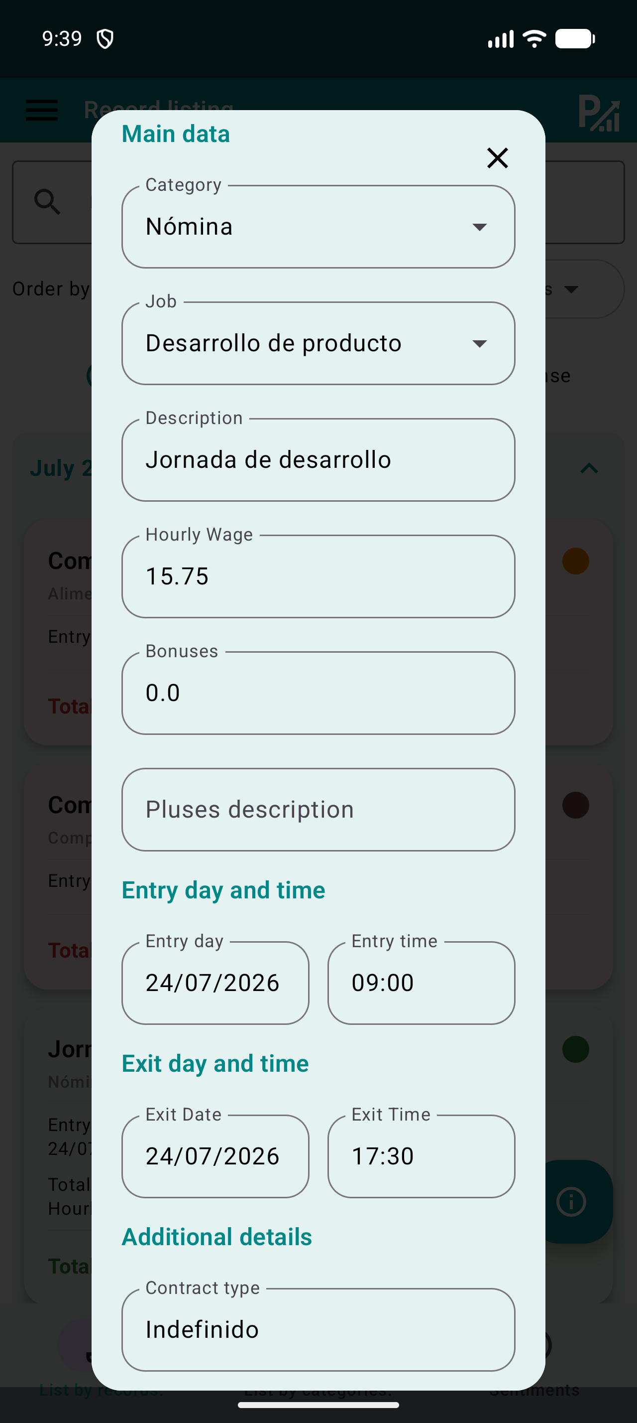 Edición de un registro con categoría, empleo, descripción y tarifa.