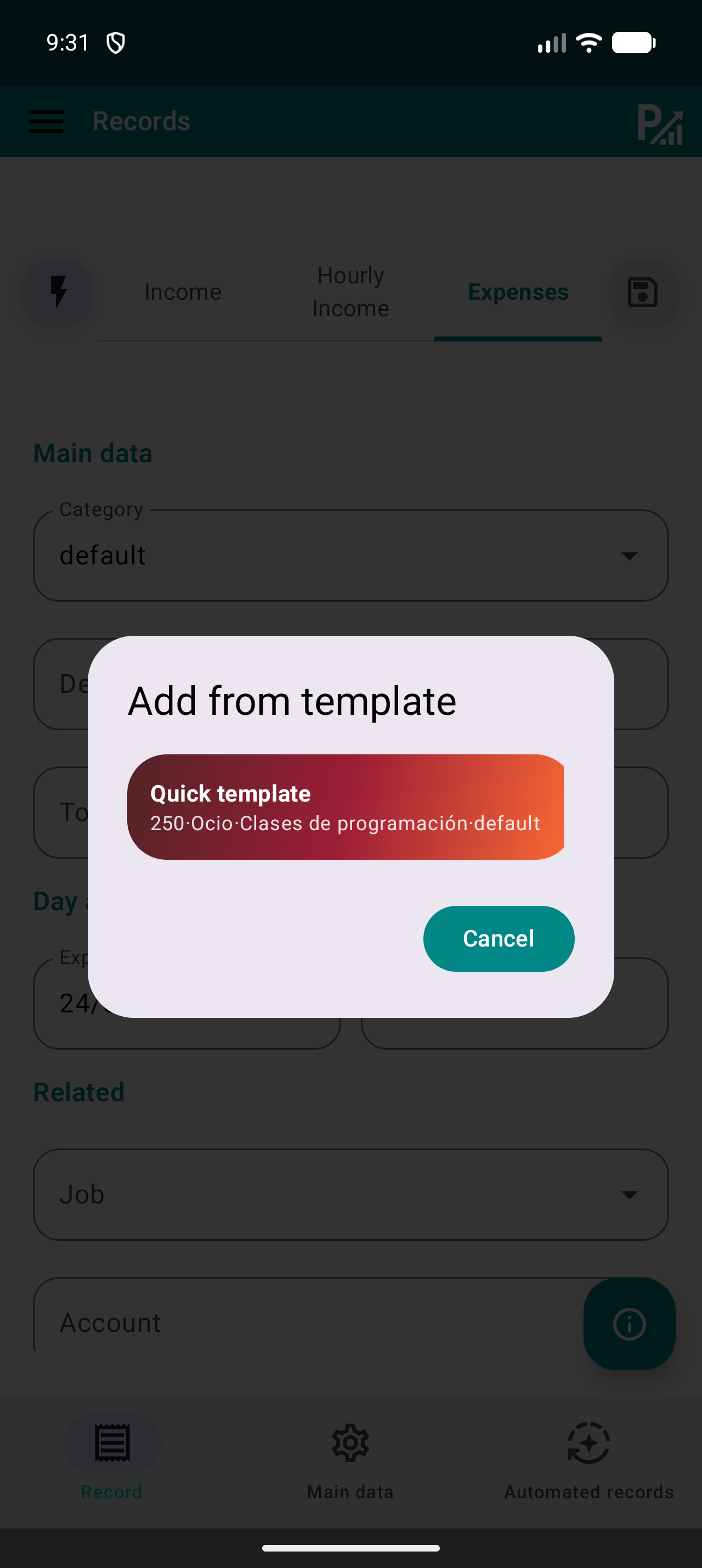 Selector de plantilla rápida en el formulario de registros de Prism.