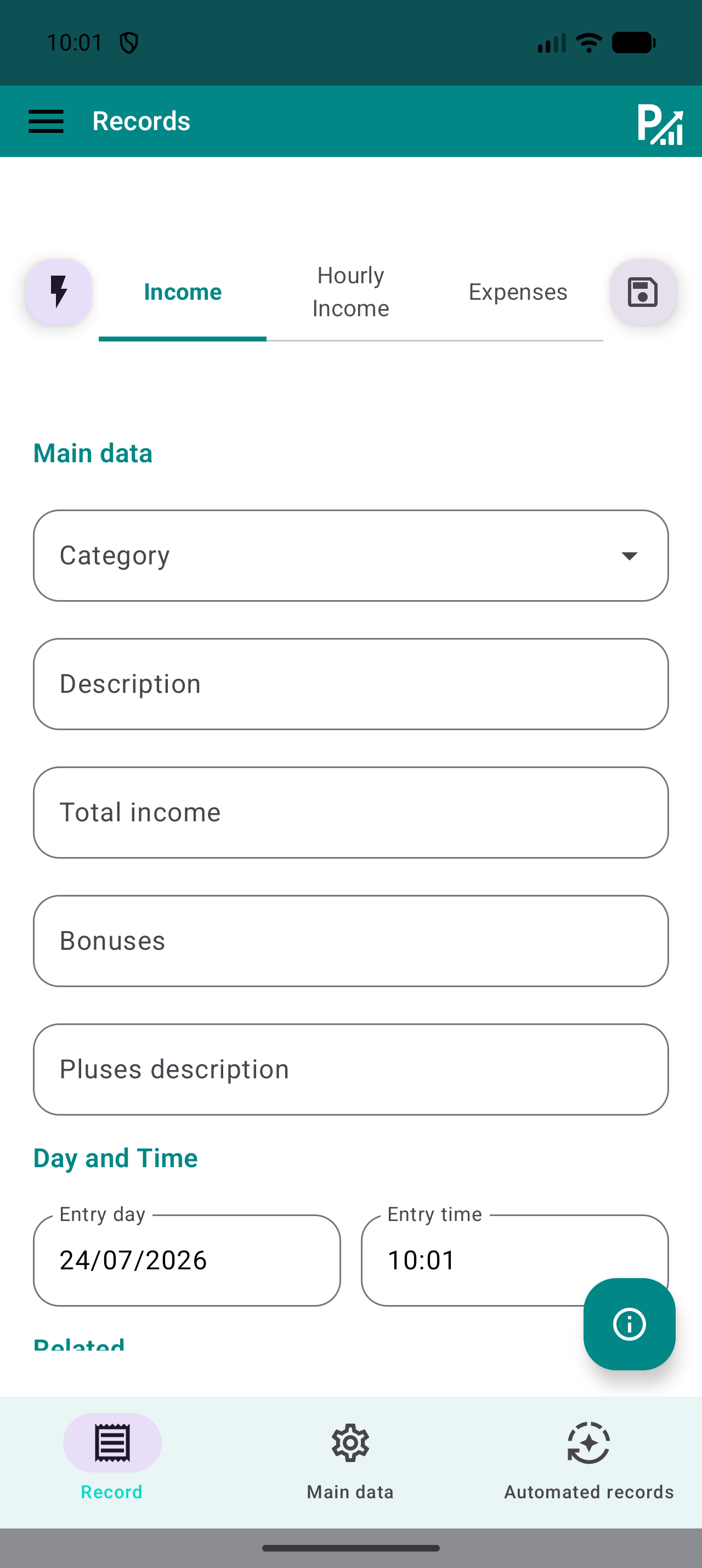 Pestañas Ingresos, Ingresos por horas y Gastos en Registros.