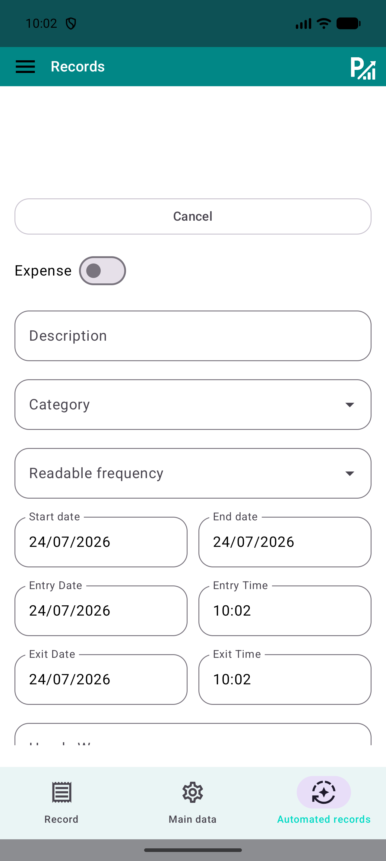 Formulario de registros automáticos con frecuencia y fechas de inicio y fin.